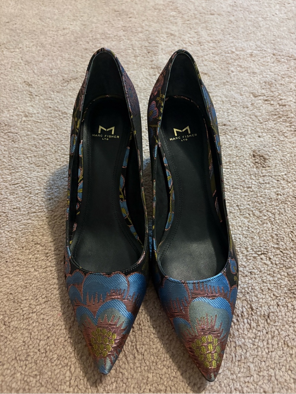 Marc Fisher Floral Embroidered Pointed Toe Block Heels - Black Multi - Picture 3 of 4